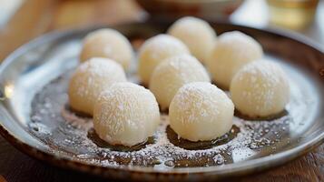 Small spherical mochi cakes coated with powdered sugar on a dish, gastronomy photography photo