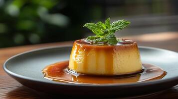 Serving of flan on a plate with caramel sauce and a sprig of mint, gastronomy photography photo