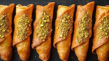 Set of cannoli arranged in a neat row, with each shell filled and ends dipped in pistachio pieces, photorealistic food photo