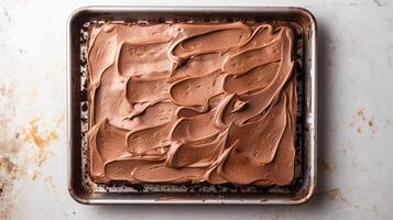 Sheet cake with a smooth surface, positioned on a plain baking sheet, gastronomy photography photo