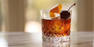 corto vaso con marrón líquido, cereza, y giro de naranja cáscara, gastronomía fotografía foto