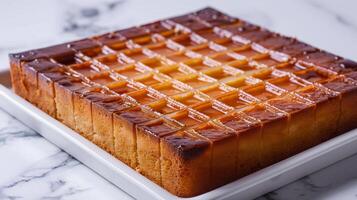 Sheet cake with a grid pattern on top, positioned on a white baking tray, photorealistic food photo