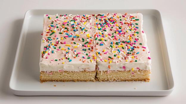 Sheet cake with icing and sprinkles, positioned on a plain rectangular tray, gastronomy photography photo