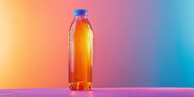 Single bottle of electrolyte replenishment drink standing against a gradient backdrop, photorealistic food photo