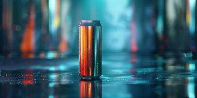 Single energy drink can, upright on a reflective surface, capturing the branding and color, gastronomy photography photo