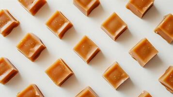 Single layer of caramel pieces aligned neatly on a plain white background, showing smooth surfaces, photorealistic food photo