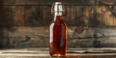 Single kombucha bottle with a swing top, filled with a dark liquid, standing upright, photorealistic food photo