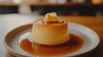 Single portion of flan on a plate with a pool of caramel sauce, gastronomy photography photo