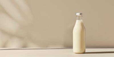 Single-serve bottle of kefir with a clear label, resting on a plain surface with minimal decor, gastronomy photography photo