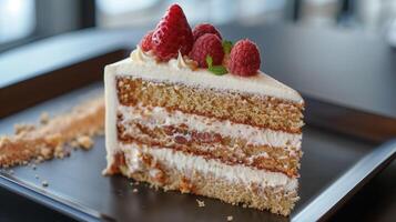Single-layer cake with a single cut, displaying a neat interior, positioned on a serving tray, photorealistic food photo