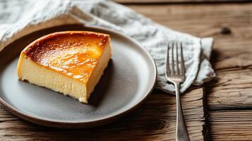 Slice of flan being served on a small plate with a fork and napkin, photorealistic food photo