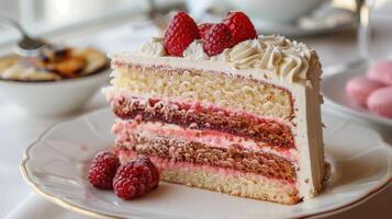 Slice of layer cake, revealing distinct layers of cake and filling, on a white plate, gastronomy photography photo