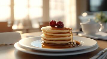 Small stack of pancakes with syrup on a breakfast table setting, gastronomy photography photo