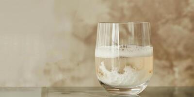 Transparent glass showing a probiotic yogurt drink with visible sediment at the bottom, gastronomy photography photo