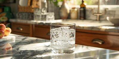Transparent glass filled with clear sparkling water and bubbles rising, placed on a marble countertop, gastronomy photography photo