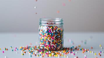Transparent jar filled with multicolored nonpareils on a plain surface, gastronomy photography photo