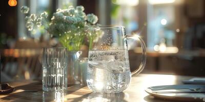 Transparent pitcher filled with sparkling water and bubbles, placed on a dining table, photorealistic food photo