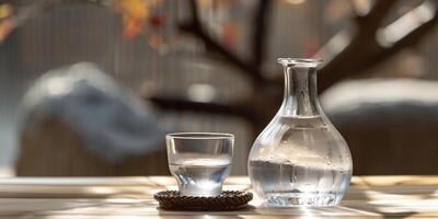 Transparent sake bottle with a cup filled with the same clear liquid on a table, gastronomy photography photo