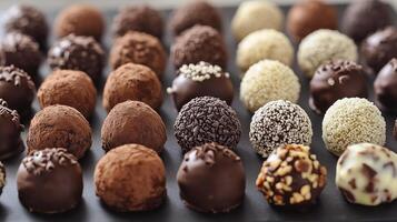 Dairy-free chocolate truffles with various coatings, lined up in rows on a tray, photorealistic food photo