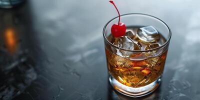 vaso con marrón líquido, hielo, y marrasquino cereza, gastronomía fotografía foto