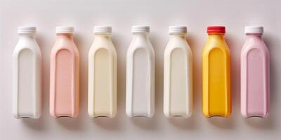 Variety pack of probiotic yogurt drinks in different flavors, arranged in a neat row, photorealistic food photo