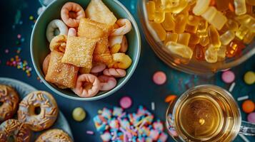 Variety of sweet and salty treats in a bowl, next to a cup filled with clear liquid, gastronomy photography photo