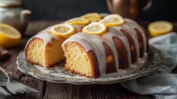 Vegan pound cake topped with a glaze, displayed on a ceramic dish with a serving utensil, gastronomy photography photo