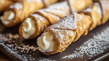 View of cannoli on a tray, with shells dusted with powdered sugar and filled with cream, gastronomy photography photo