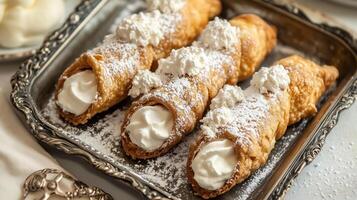 View of cannoli on a tray, with shells dusted with powdered sugar and filled with cream, photorealistic food photo