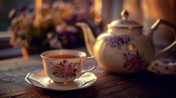 Warm, aromatic drink in a porcelain cup, with a vintage teapot in the background, photorealistic food photo