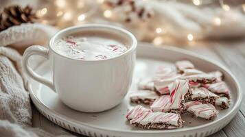 White ceramic cup with a warm beverage, accompanied by peppermint bark pieces, gastronomy photography photo