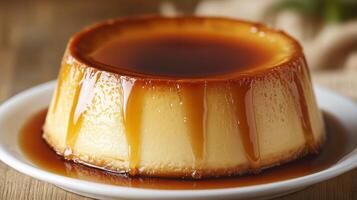 Whole flan with caramel sauce dripping down sides on a white dish, gastronomy photography photo