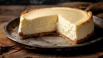 Whole frozen cheesecake with visible cross-section showing thick crust and smooth filling, photorealistic food photo