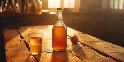 Bottle of spiced apple cider on a wooden table, with a matching glass, in a softly lit room, photorealistic food photo