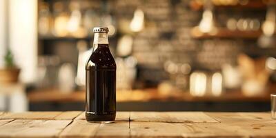 Bottled cold brew coffee on a wooden table, blurred background, gastronomy photography photo
