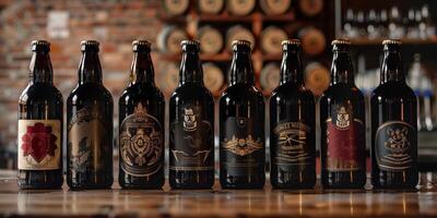 Bottles of stout arranged in a row, showcasing different label designs, photorealistic food photo