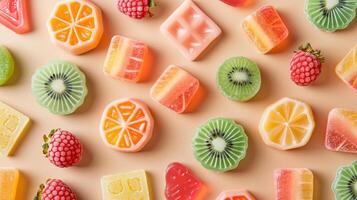 Close-up of various fruit chew pieces grouped together, displaying different colors and shapes on a neutral background, gastronomy photography photo