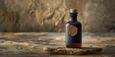 Craft distillery bottle with wax seal, on a polished stone surface, photorealistic food photo