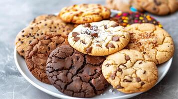 Cookies in a circular pattern on a plain white plate, gastronomy photography photo