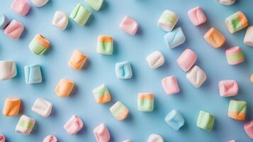 Colorful marshmallows scattered on a plain background, each indicating a different flavor, photorealistic food photo