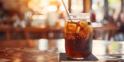 Cold brew coffee in a mason jar with a lid on a wooden surface with coffee beans around, gastronomy photography photo