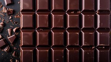 Dark chocolate bar on a plain background, divided into several small, uniform squares, gastronomy photography photo
