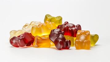 Different colored gummy bears clustered on a clean white background, photorealistic food photo