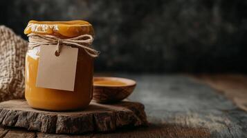 Dulce de leche jar with a label on a rustic table next to a small dish, gastronomy photography photo