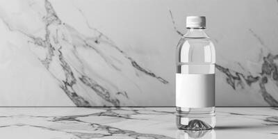 Electrolyte drink bottle with a clear label, placed on a marble counter, photorealistic food photo