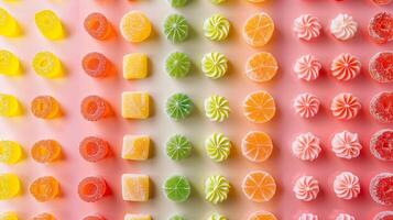 Different chewy candy pieces displayed in a symmetrical pattern on a plain background, showing various colors, gastronomy photography photo