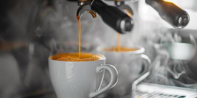 Espresso machine pouring a shot of espresso into a white cup with steam rising, photorealistic food photo