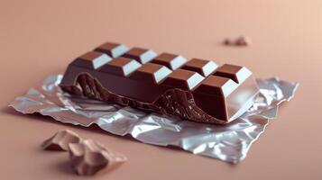 Filled chocolate bar partially unwrapped, revealing both the outer chocolate and inner filling, photorealistic food photo