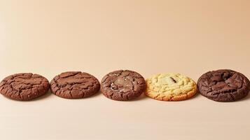 Five specialty cookies neatly aligned in a row on a light-colored table, photorealistic food photo
