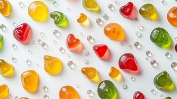 Gummy candies of multiple colors and forms dispersed loosely on a white background, photorealistic food photo